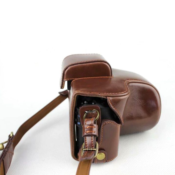PU Leather Protective Case + Strap + Camera Lens Bag for Canon EOS M50 - Coffee