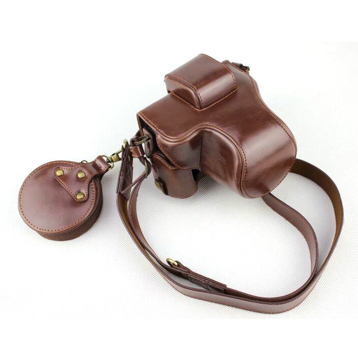 PU Leather Protective Case + Strap + Camera Lens Bag for Canon EOS M50 - Coffee