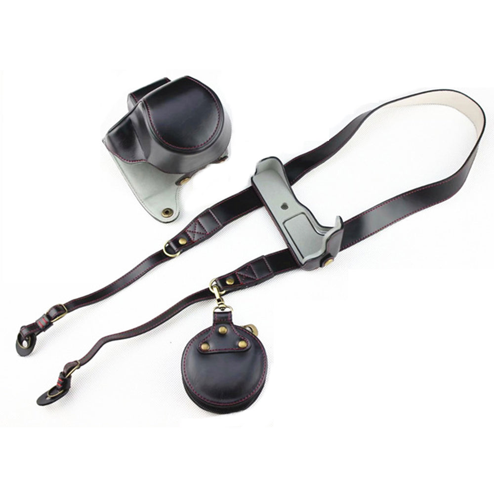 PU Leather Protective Bag Cover + Strap + Camera Lens Bag for Canon EOS M50 - Black