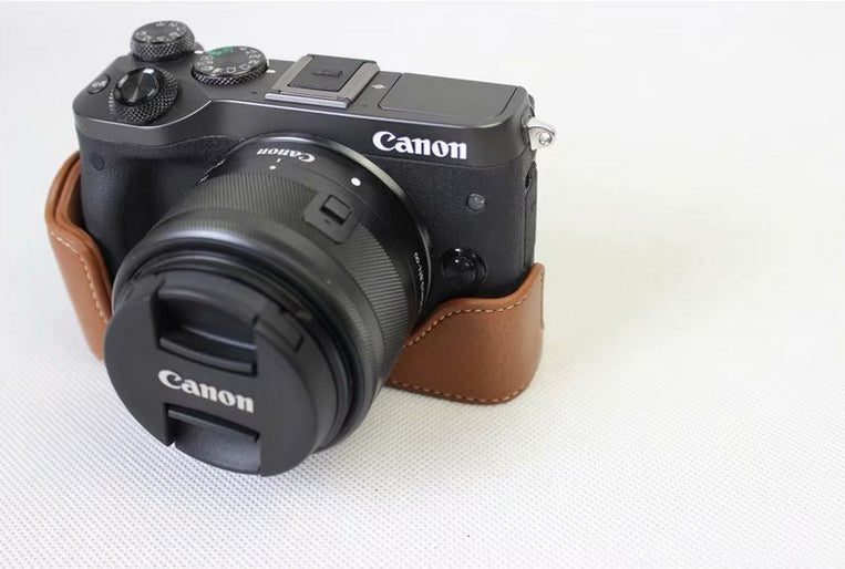 Genuine Cowhide Leather Half Case Bag for Canon EOS M6 Digital Camera - Brown