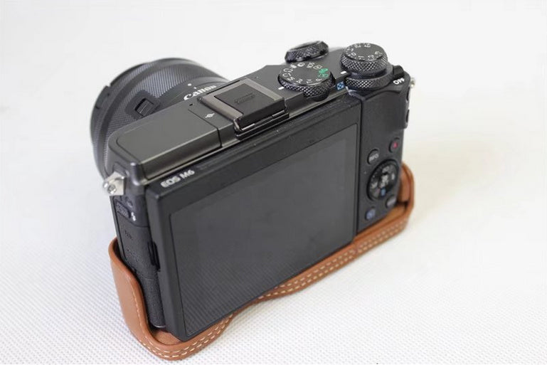 Genuine Cowhide Leather Half Case Bag for Canon EOS M6 Digital Camera - Brown