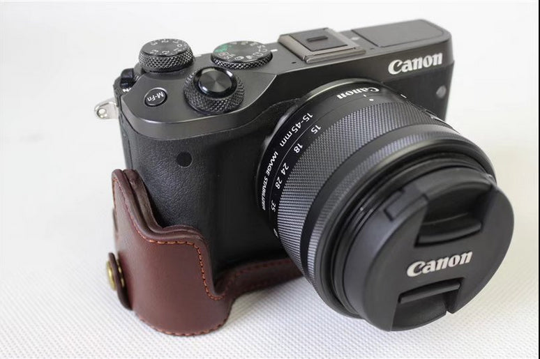 Genuine Cowhide Leather Half Bag Pouch for Canon EOS M6 Digital Camera - Coffee