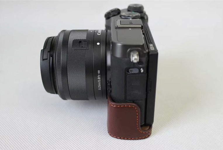 Genuine Cowhide Leather Half Bag Pouch for Canon EOS M6 Digital Camera - Coffee