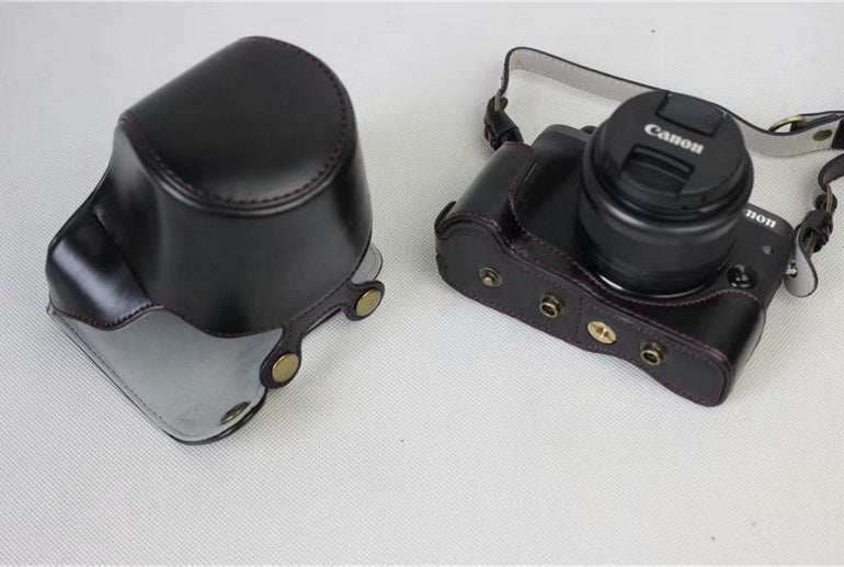 PU Leather Protective Bag + Strap + Camera Lens Bag for Canon EOS M6 with 15-45mm Lens - Black