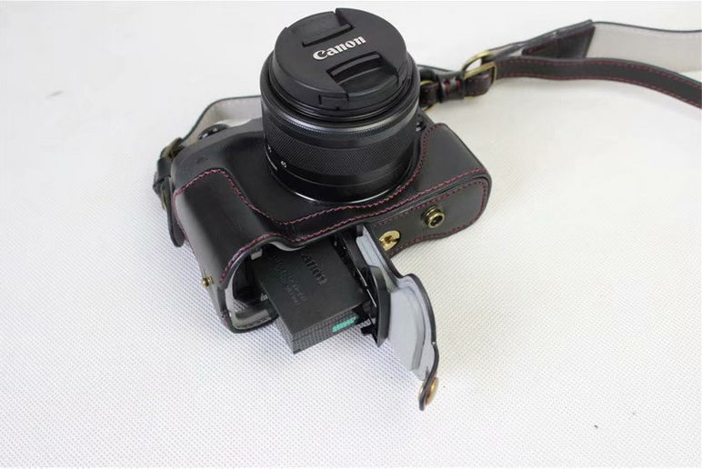 PU Leather Protective Bag + Strap + Camera Lens Bag for Canon EOS M6 with 15-45mm Lens - Black