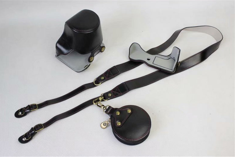 PU Leather Protective Bag + Strap + Camera Lens Bag for Canon EOS M6 with 15-45mm Lens - Black