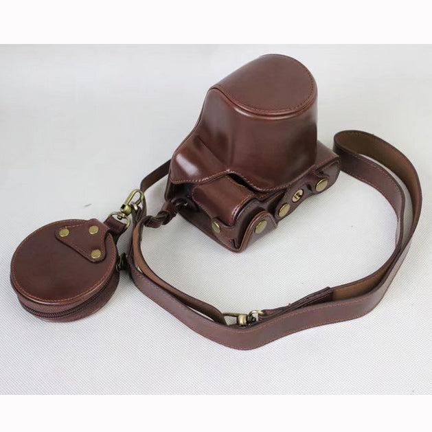 PU Leather Protective Bag Cover + Strap + Camera Lens Bag for Canon EOS M6 with 15-45mm Lens - Coffee