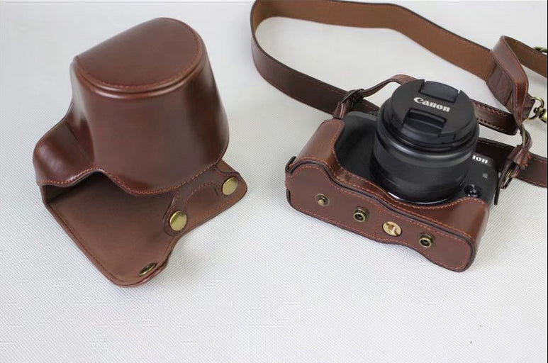 PU Leather Protective Bag Cover + Strap + Camera Lens Bag for Canon EOS M6 with 15-45mm Lens - Coffee