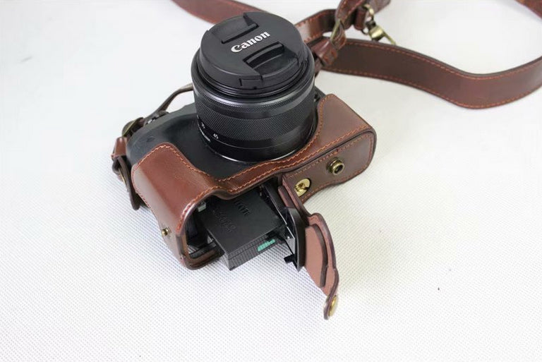 PU Leather Protective Bag Cover + Strap + Camera Lens Bag for Canon EOS M6 with 15-45mm Lens - Coffee