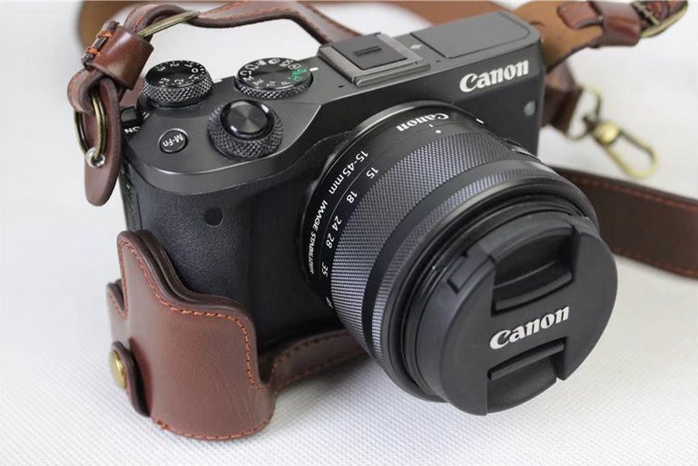PU Leather Protective Bag Cover + Strap + Camera Lens Bag for Canon EOS M6 with 15-45mm Lens - Coffee