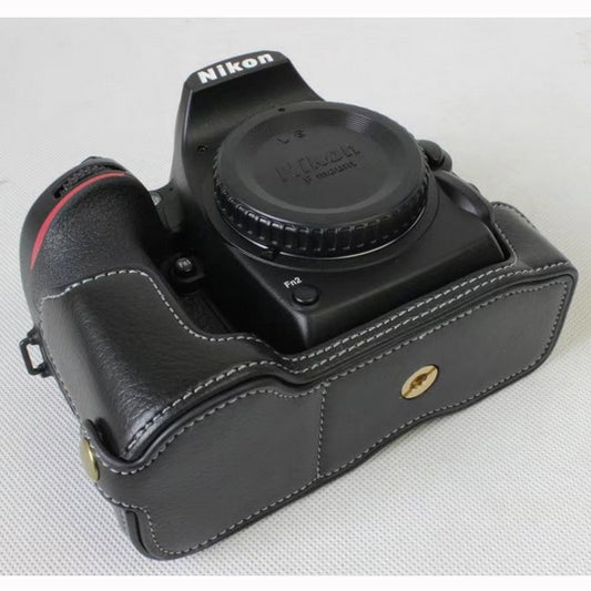 Genuine Cowhide Leather Half Protective Case for Nikon D7500 Digital SLR Camera - Black