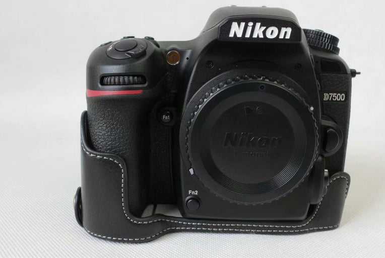 Genuine Cowhide Leather Half Protective Case for Nikon D7500 Digital SLR Camera - Black
