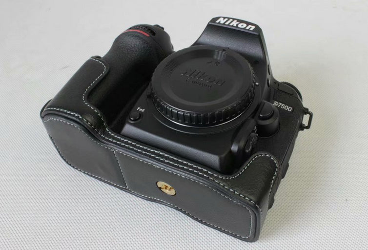 Genuine Cowhide Leather Half Protective Case for Nikon D7500 Digital SLR Camera - Black