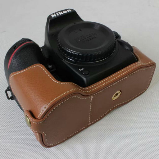 Genuine Cowhide Leather Half Bag Cover for Nikon D7500 Digital SLR Camera - Brown