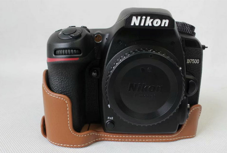 Genuine Cowhide Leather Half Bag Cover for Nikon D7500 Digital SLR Camera - Brown