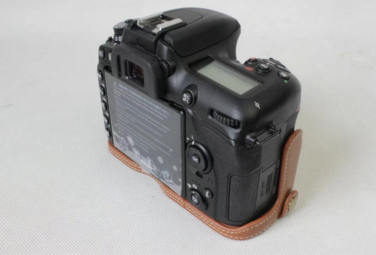 Genuine Cowhide Leather Half Bag Cover for Nikon D7500 Digital SLR Camera - Brown