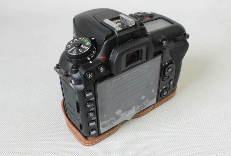 Genuine Cowhide Leather Half Bag Cover for Nikon D7500 Digital SLR Camera - Brown