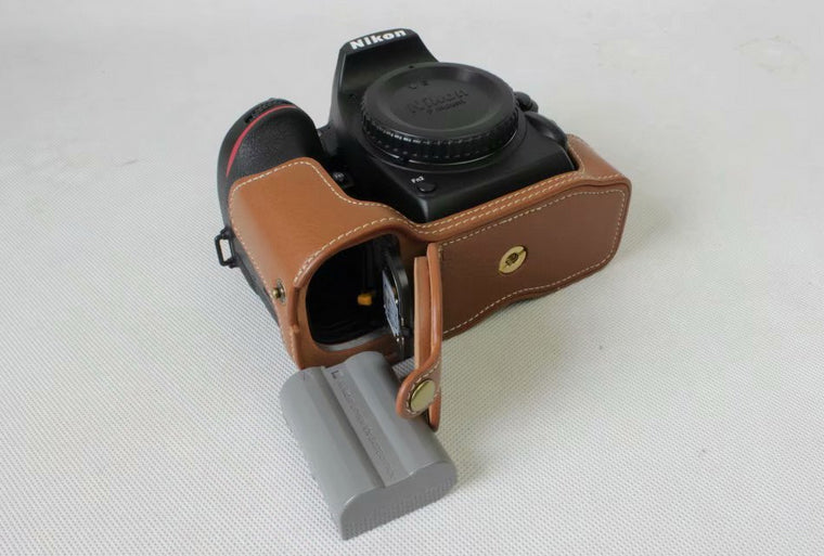 Genuine Cowhide Leather Half Bag Cover for Nikon D7500 Digital SLR Camera - Brown