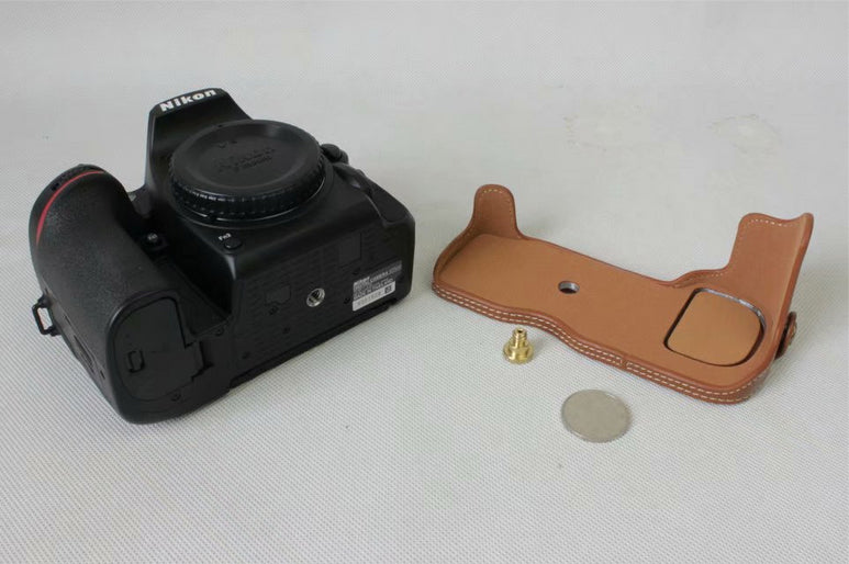 Genuine Cowhide Leather Half Bag Cover for Nikon D7500 Digital SLR Camera - Brown
