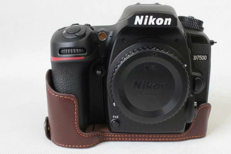 Genuine Cowhide Leather Half Protection Shell Bag for Nikon D7500 Digital SLR Camera - Coffee