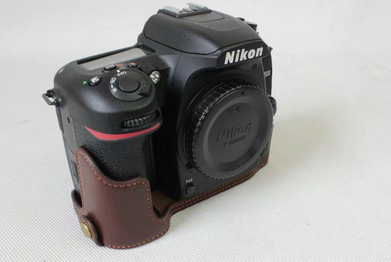 Genuine Cowhide Leather Half Protection Shell Bag for Nikon D7500 Digital SLR Camera - Coffee