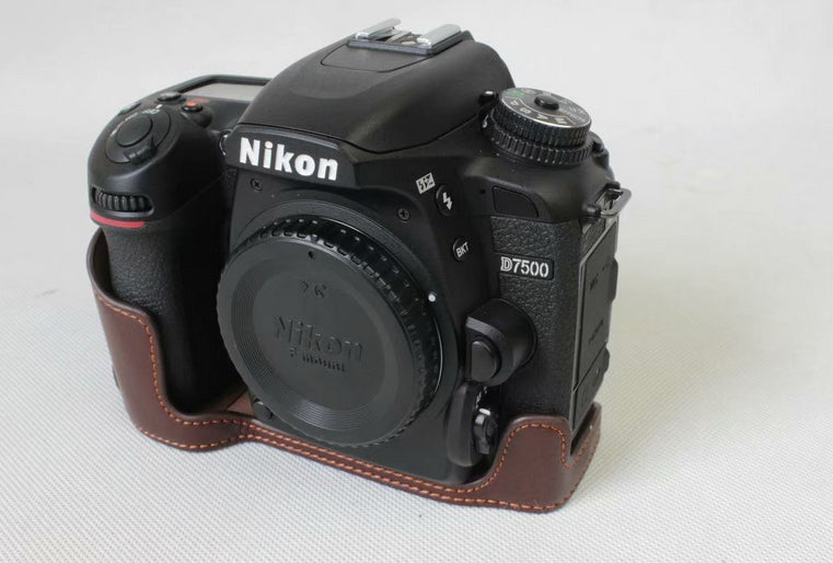 Genuine Cowhide Leather Half Protection Shell Bag for Nikon D7500 Digital SLR Camera - Coffee