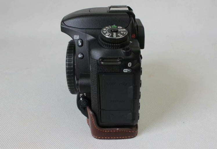 Genuine Cowhide Leather Half Protection Shell Bag for Nikon D7500 Digital SLR Camera - Coffee