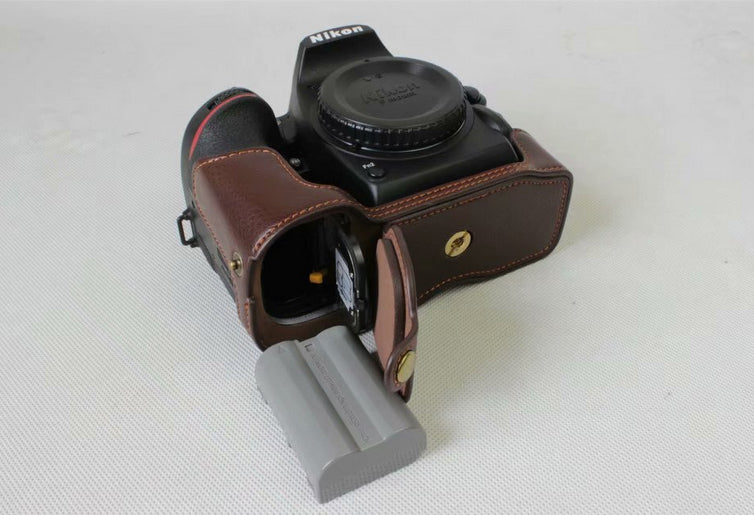 Genuine Cowhide Leather Half Protection Shell Bag for Nikon D7500 Digital SLR Camera - Coffee