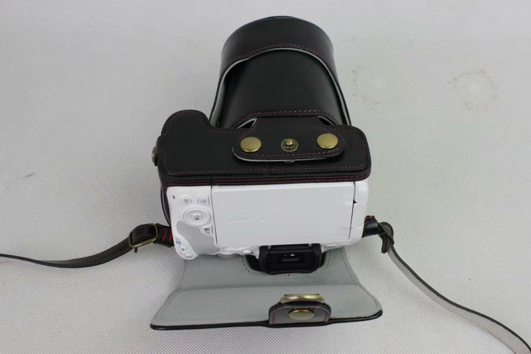 PU Leather Protective Bag + Strap + Camera Lens Bag for Canon EOS 200D - Black