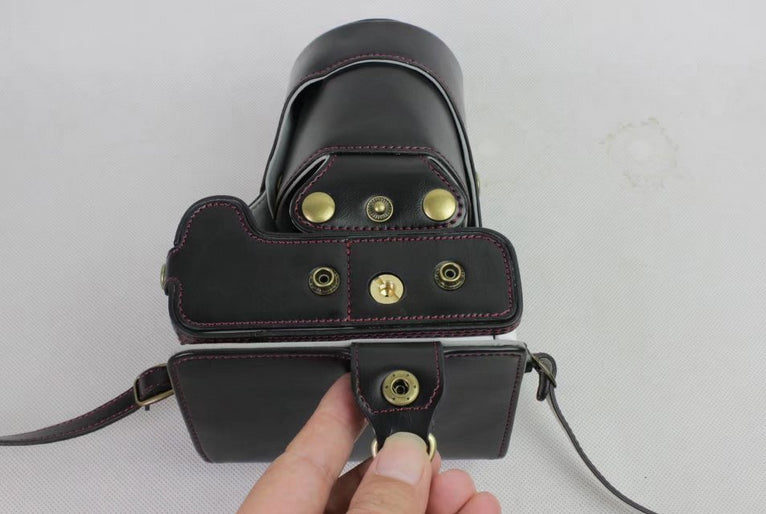 PU Leather Protective Bag + Strap + Camera Lens Bag for Canon EOS 200D - Black