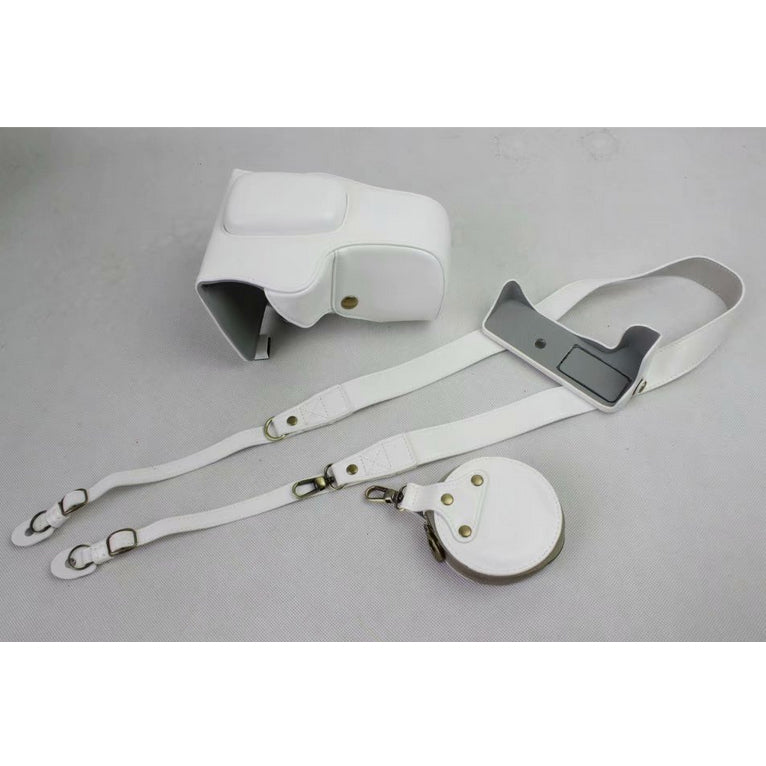 PU Leather Protection Bag + Strap + Camera Lens Bag for Canon EOS 200D - White