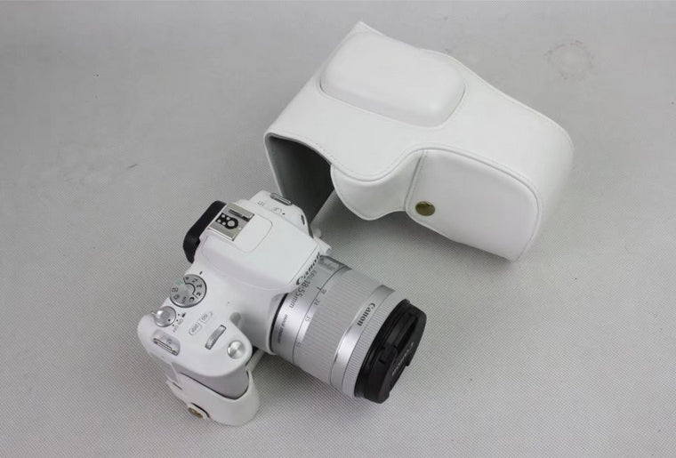 PU Leather Protection Bag + Strap + Camera Lens Bag for Canon EOS 200D - White