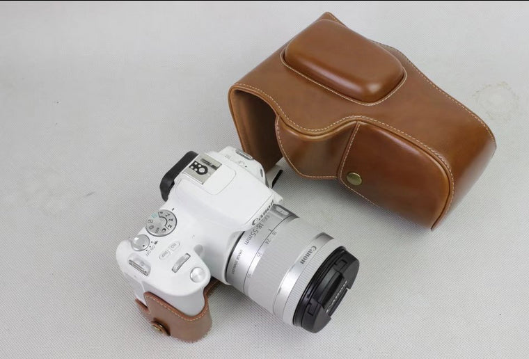 PU Leather Protective Pouch + Strap + Camera Lens Bag for Canon EOS 200D - Brown