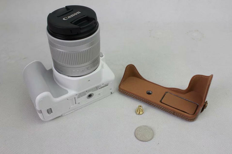 PU Leather Protective Pouch + Strap + Camera Lens Bag for Canon EOS 200D - Brown