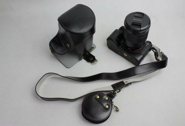 PU Leather Protective Bag + Strap + Camera Lens Bag for Sony ILCE-9 / A9 / A7RM3 A7RIII - Black