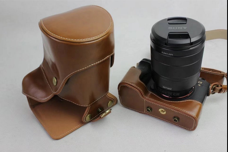 PU Leather Protective Pouch + Strap + Camera Lens Bag for Sony ILCE-9 / A9 / A7RM3 A7RIII - Brown