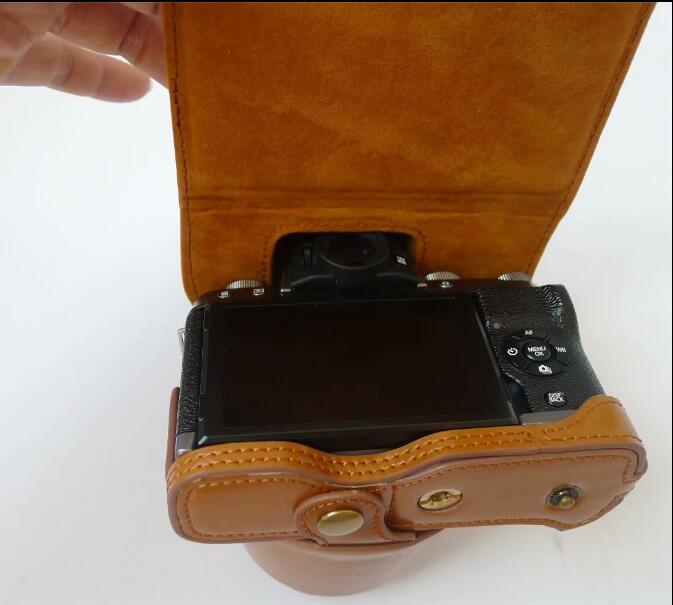 PU Leather Camera Protective Pouch Bag + Strap for Fujifilm X-T100 - Brown