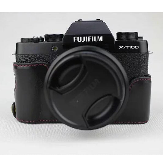 PU Leather Half Bottom Camera Protection Case for Fujifilm X-T100 - Black