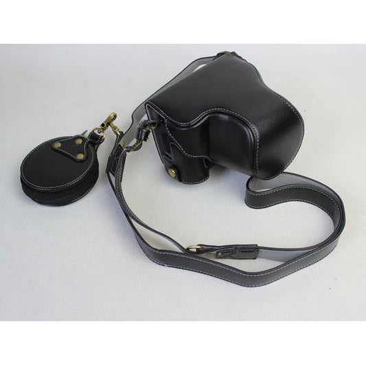 Split Leather Protective Bag + Strap + Camera Lens Bag for Canon EOS M6 (15-45mm) - Black