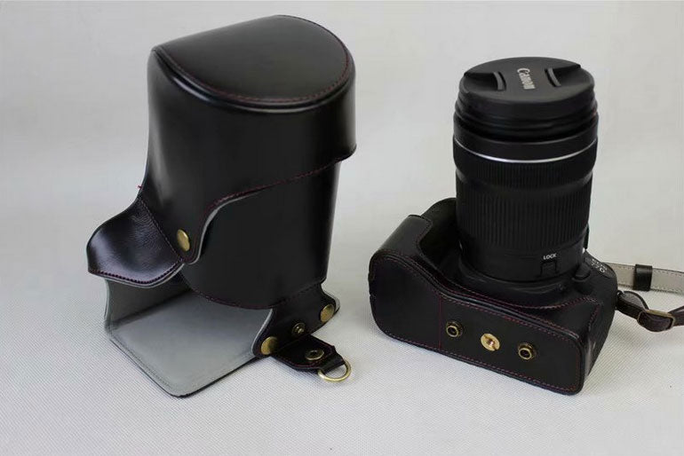 PU Leather Camera Protective Pouch Bag + Strap + Camera Lens Bag for Canon EOS 77D / 800D - Black