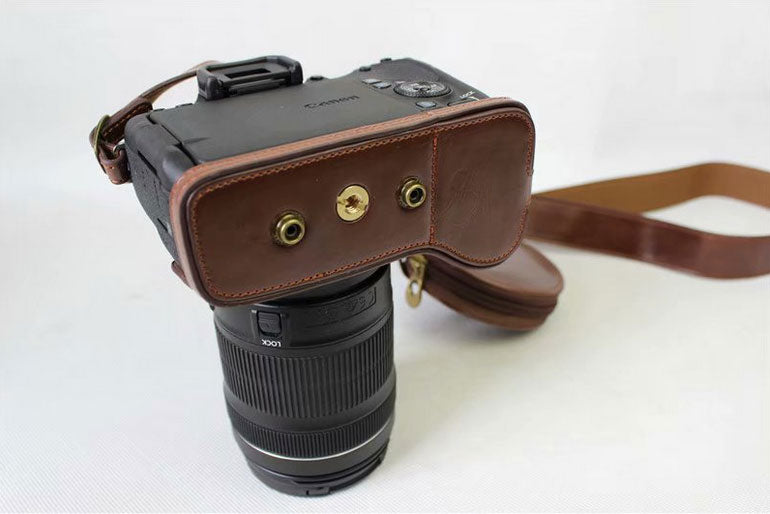 PU Leather Camera Protective Pouch Shell + Strap + Camera Lens Bag for Canon EOS 77D / 800D - Coffee