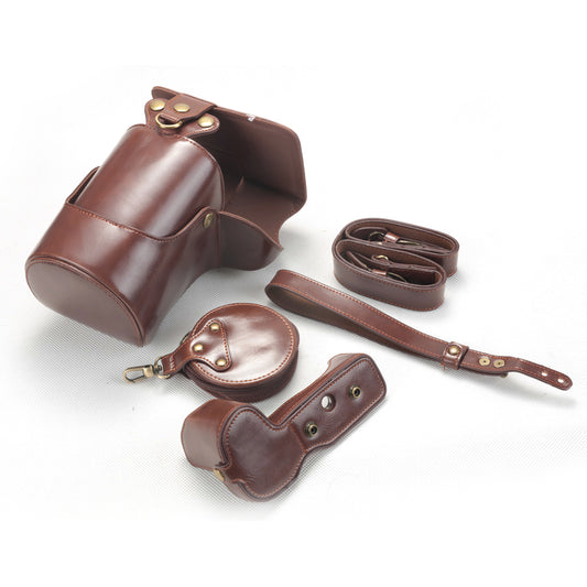 PU Leather Camera Protection Case + Strap + Camera Lens Bag for Canon EOS R - Coffee