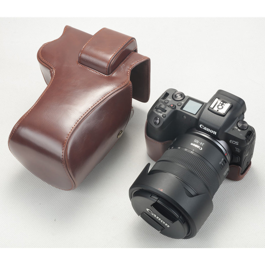 PU Leather Camera Protection Case + Strap + Camera Lens Bag for Canon EOS R - Coffee
