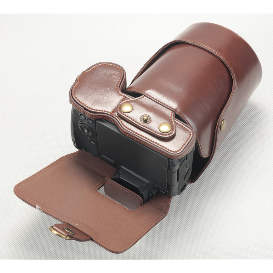 PU Leather Camera Protection Case + Strap + Camera Lens Bag for Canon EOS R - Coffee