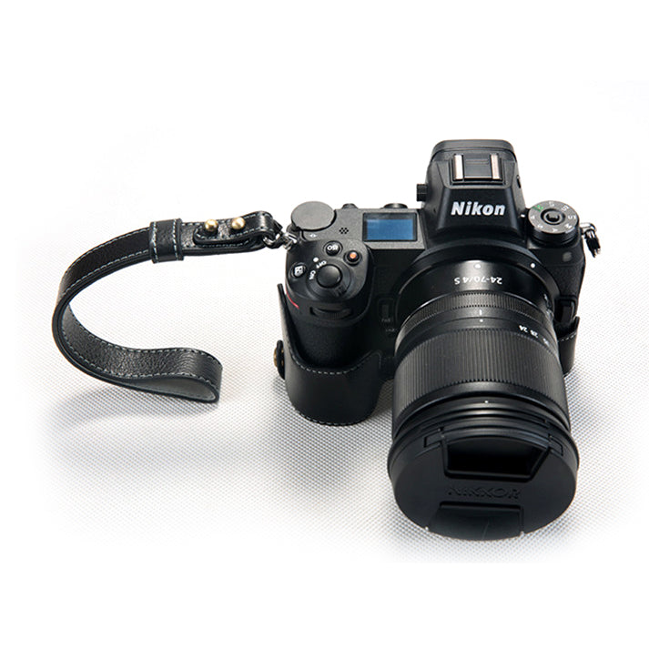 Uniqkart for Nikon Z7 Genuine Leather Half Bottom Camera Protection Shell with Strap - Black