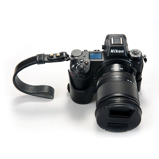 Uniqkart for Nikon Z7 Genuine Leather Half Bottom Camera Protection Shell with Strap - Black