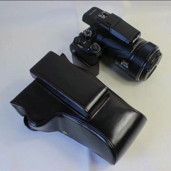 PU Leather Camera Protection Case + Strap + Camera Lens Bag for Nikon P1000 - Black