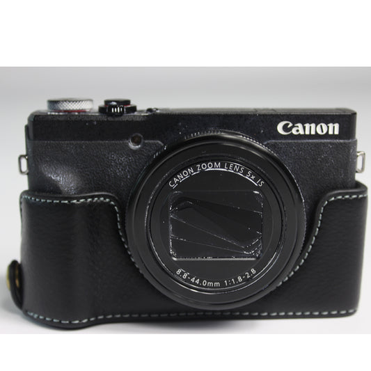 Genuine Leather Half Camera Case Bag Cover Protector for Canon PowerShot G5 X Mark II - Black