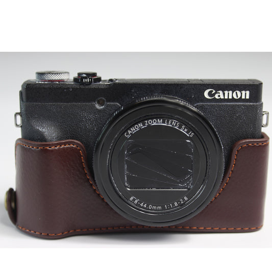 Genuine Leather Half Camera Case Bag Cover Protector for Canon PowerShot G5 X Mark II - Coffee