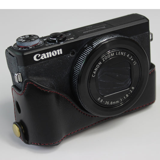 PU Leather Half Camera Case Bag with Strap for Canon PowerShot G7 X Mark III - Black